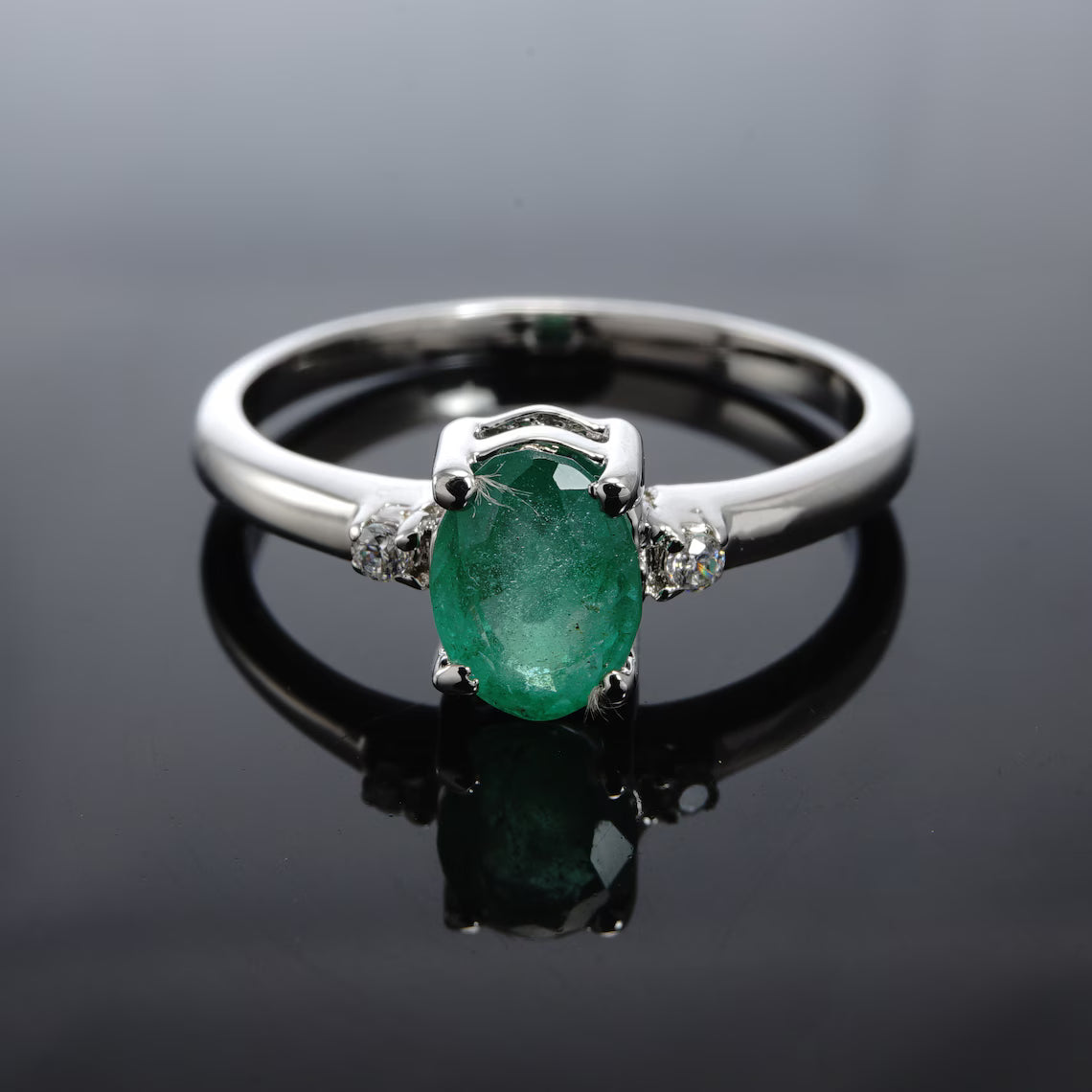 Certified Colombian Emerald Solitaire Ring, Sterling Silver Genuine Real Natural May Birthstone Jewelry