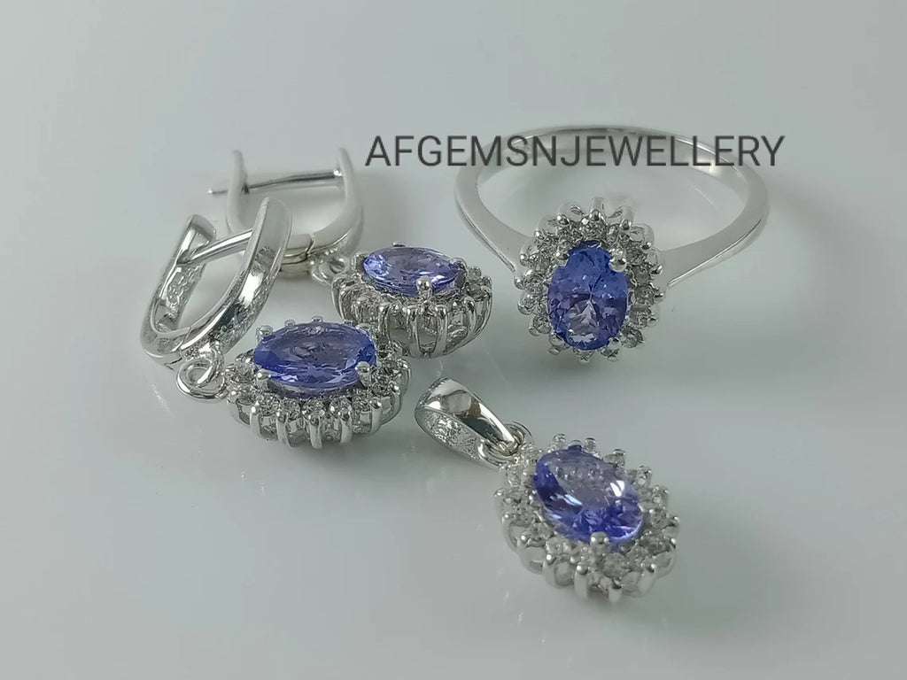 Natural Tanzanite Jewelry Set/Pendant ,Earring And Ring Set/ 925 Silver Jewelry Set-Women Jewelry Set-Tanzanite Jewelry Set-Gifts For Wife