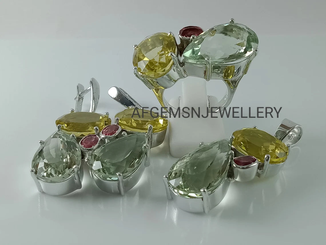 Multi Gemstone Jewelry Set/Pendant ,Earring And Ring Set/ 925 Silver Jewelry Set-Green Amethyst Jewelry Set-Lemon Topaz Jewelry Set