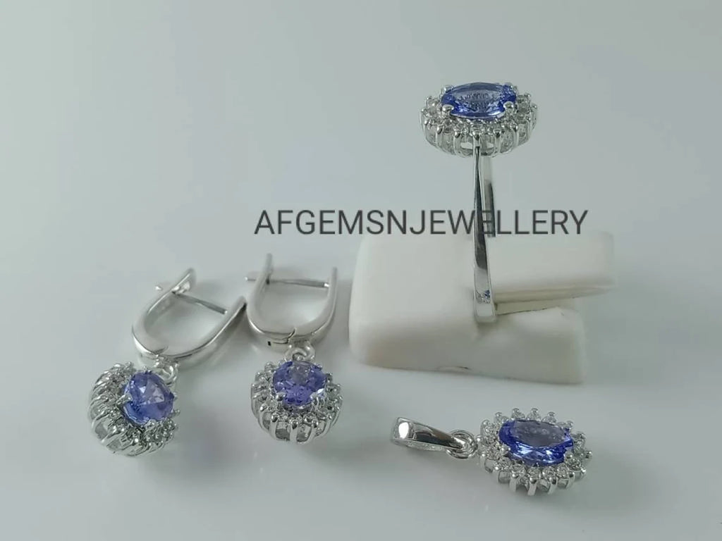 Natural Tanzanite Jewelry Set/Pendant ,Earring And Ring Set/ 925 Silver Jewelry Set-Women Jewelry Set-Tanzanite Jewelry Set-Gifts For Wife