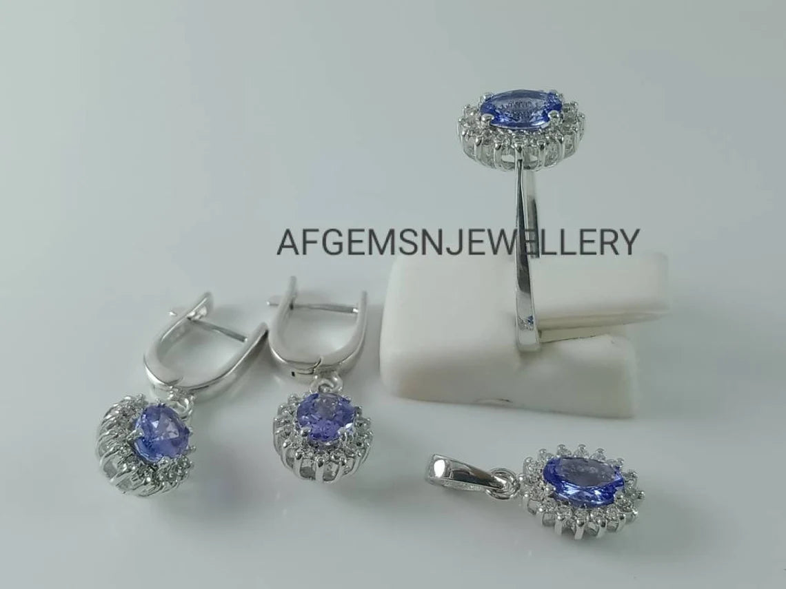 Natural Tanzanite Jewelry Set/Pendant ,Earring And Ring Set/ 925 Silver Jewelry Set-Women Jewelry Set-Tanzanite Jewelry Set-Gifts For Wife