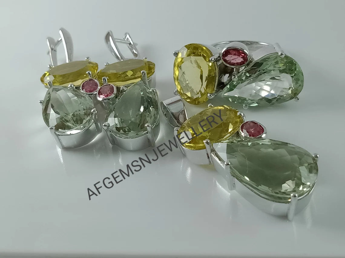 Multi Gemstone Jewelry Set/Pendant ,Earring And Ring Set/ 925 Silver Jewelry Set-Green Amethyst Jewelry Set-Lemon Topaz Jewelry Set