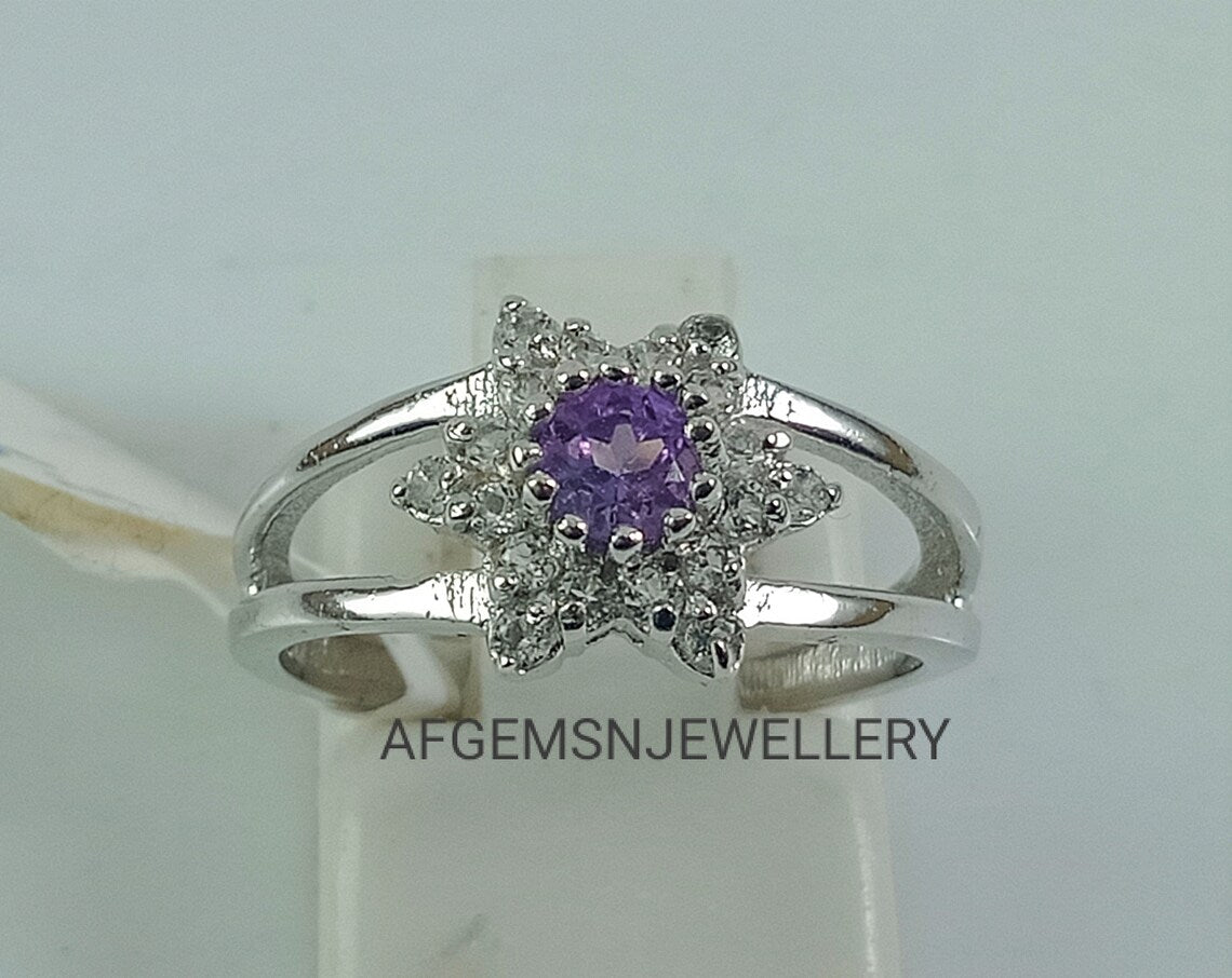 Purple amethyst ring, Natural amethyst ring, 925 sterling silver, February birthstone, round cut, engagement ring, Dainty Promise ring