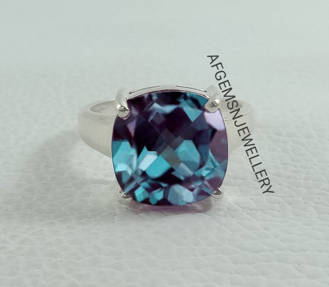 Vintage Alexandrite Ring - Engagement Ring, Cushion Cut Alexandrite, Color Changing Gemstone Ring, Sterling Silver Ring, June Birthstone Ring