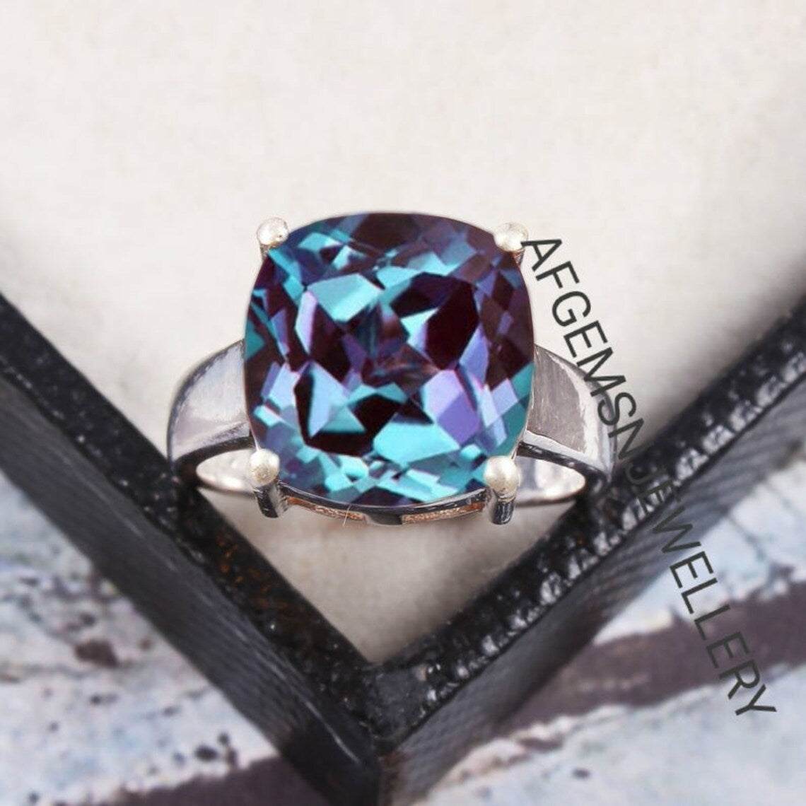 Vintage Alexandrite Ring - Engagement Ring, Cushion Cut Alexandrite, Color Changing Gemstone Ring, Sterling Silver Ring, June Birthstone Ring