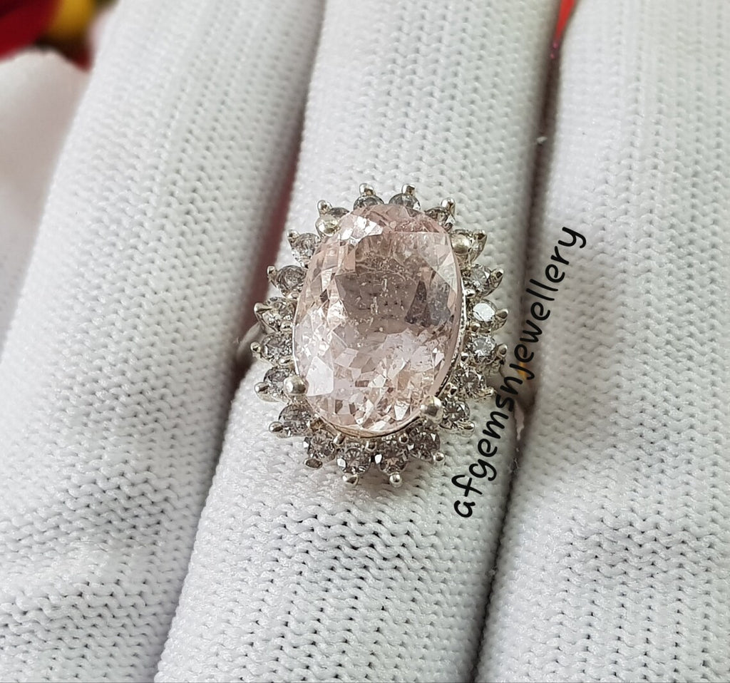 Natural Pink Morganite Ring Engagement Ring Oval Cut Pink Gemstone Ring Sterling Silver Ring