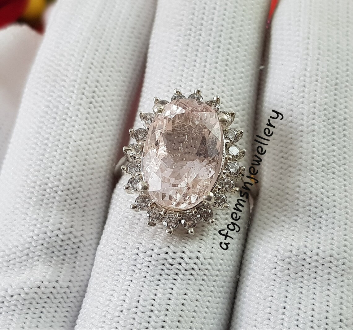 Natural Pink Morganite Ring Engagement Ring Oval Cut Pink Gemstone Ring Sterling Silver Ring