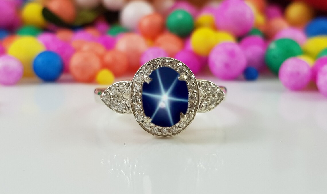 6 Star Sapphire Ring in Sterling Silver 925 Blue Star Sapphire Ring Silver Lindy Star Ring