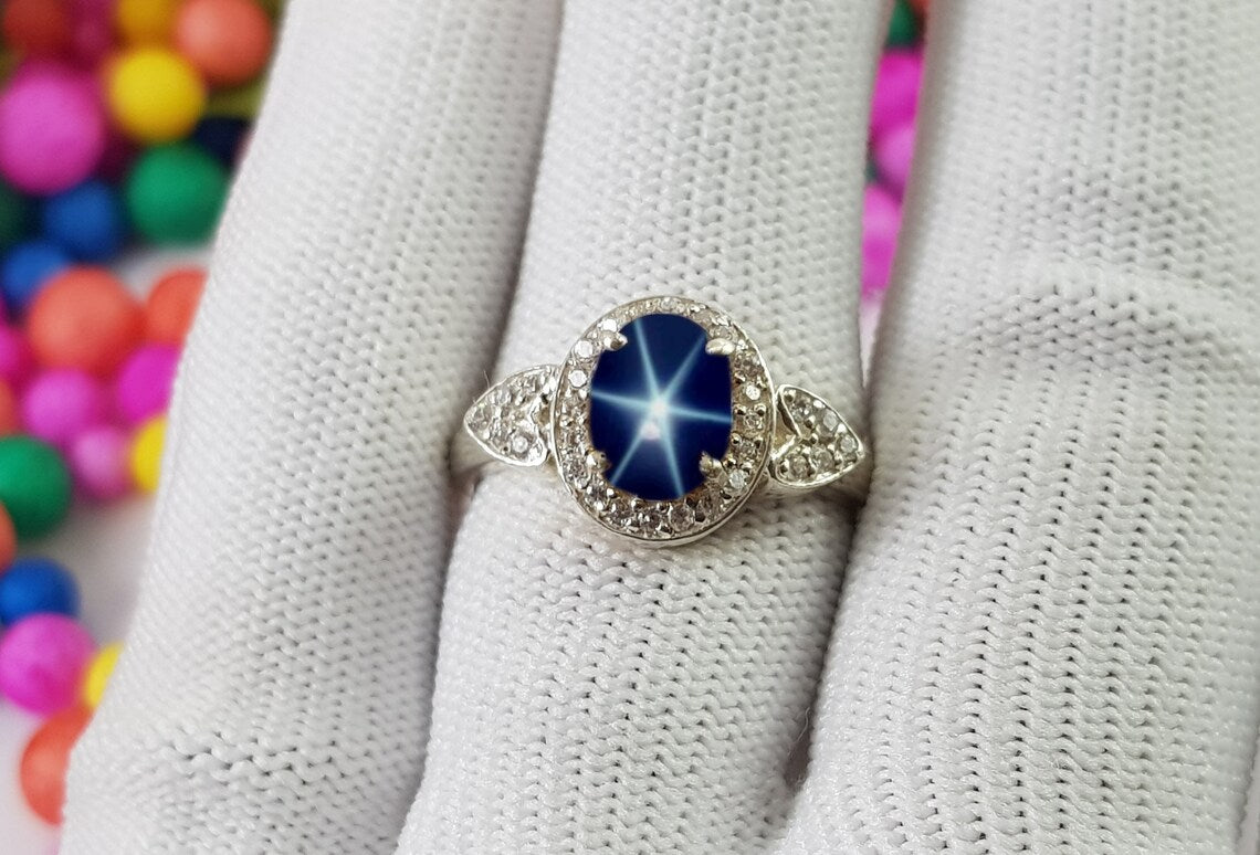 6 Star Sapphire Ring in Sterling Silver 925 Blue Star Sapphire Ring Silver Lindy Star Ring
