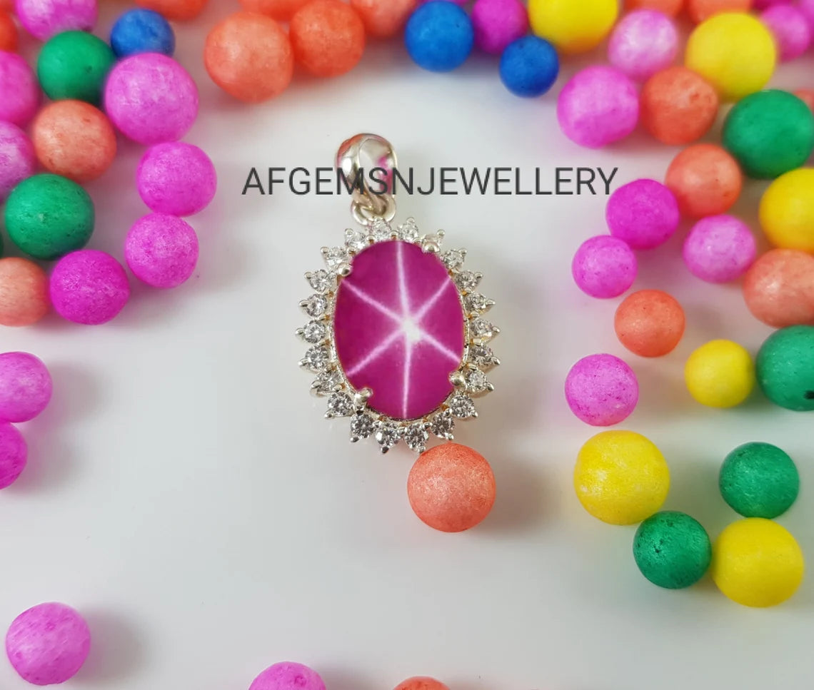 Lindy Star Necklace in 925 Sterling Silver Pink Star Ruby Pendant for Women's
