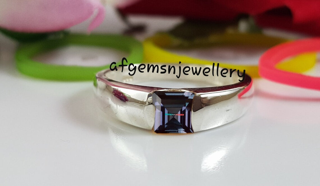 Men's Alexandrite Ring, Color Changing Gemstone Ring, Sterling Silver Ring, Wedding Ring, June Birthstone Ring, Solitaire Ring