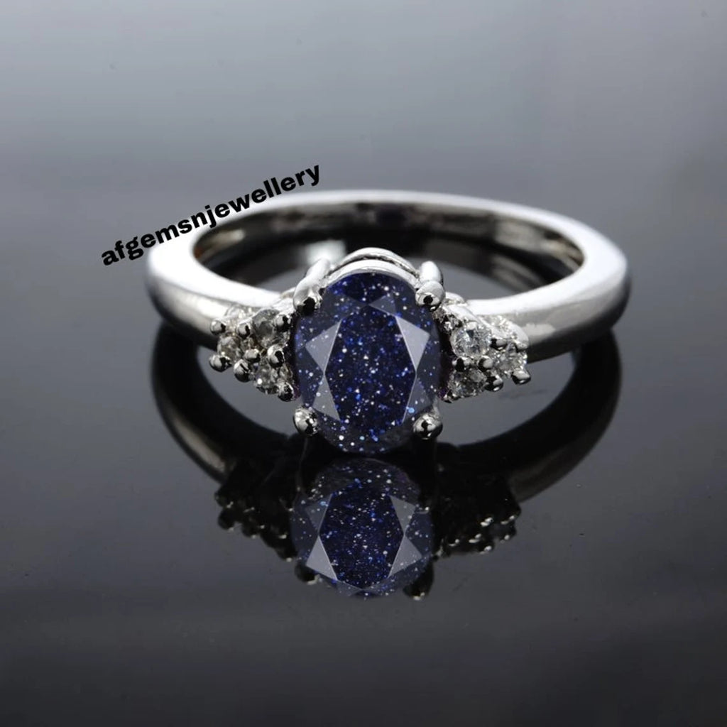Beautiful Handmade Galaxy Sandstone Ring- Blue Sandstone Engagement Ring- Nebula Ring- Sterling Silver Ring Promise Ring- Anniversary Gift
