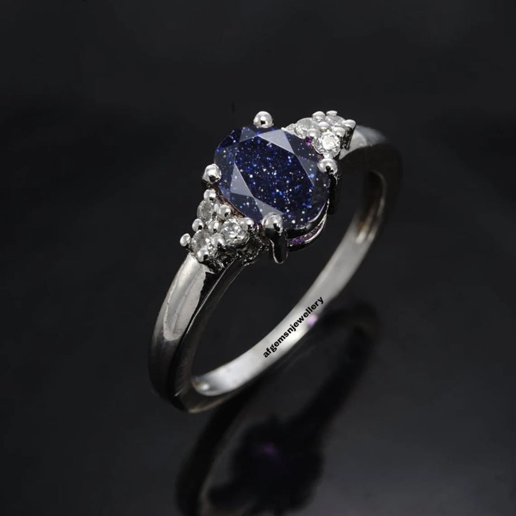 Beautiful Handmade Galaxy Sandstone Ring- Blue Sandstone Engagement Ring- Nebula Ring- Sterling Silver Ring Promise Ring- Anniversary Gift