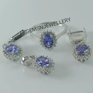 Natural Tanzanite Jewelry Set/Pendant ,Earring And Ring Set/ 925 Silver Jewelry Set-Women Jewelry Set-Tanzanite Jewelry Set-Gifts For Wife