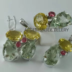 Multi Gemstone Jewelry Set/Pendant ,Earring And Ring Set/ 925 Silver Jewelry Set-Green Amethyst Jewelry Set-Lemon Topaz Jewelry Set