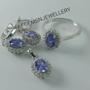 Natural Tanzanite Jewelry Set/Pendant ,Earring And Ring Set/ 925 Silver Jewelry Set-Women Jewelry Set-Tanzanite Jewelry Set-Gifts For Wife