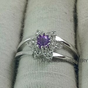 Purple amethyst ring, Natural amethyst ring, 925 sterling silver, February birthstone, round cut, engagement ring, Dainty Promise ring