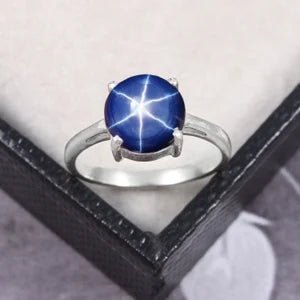 Genuine 6 Ray Sapphire Blue Star Ring in 925 Sterling Silver 9*9mm Round Lindy Blue Star Ring for Women's