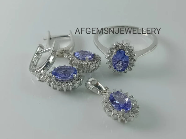 Natural Tanzanite Jewelry Set – Pendant, Earrings & Ring Set, 925 Silver – Elegant Women's Jewelry Set, Perfect Gift for Wife