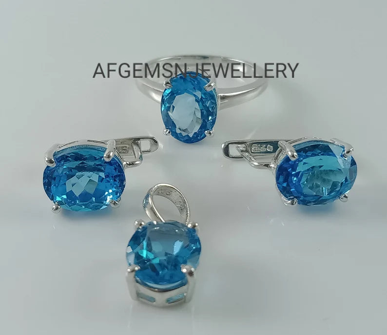 Swiss Blue Topaz Jewelry Set/Pendant /Earring And Ring Set/ 925 Sterling Silver Jewelry Set-Handmade Jewelry Set-Topaz Jewelry Set For Women