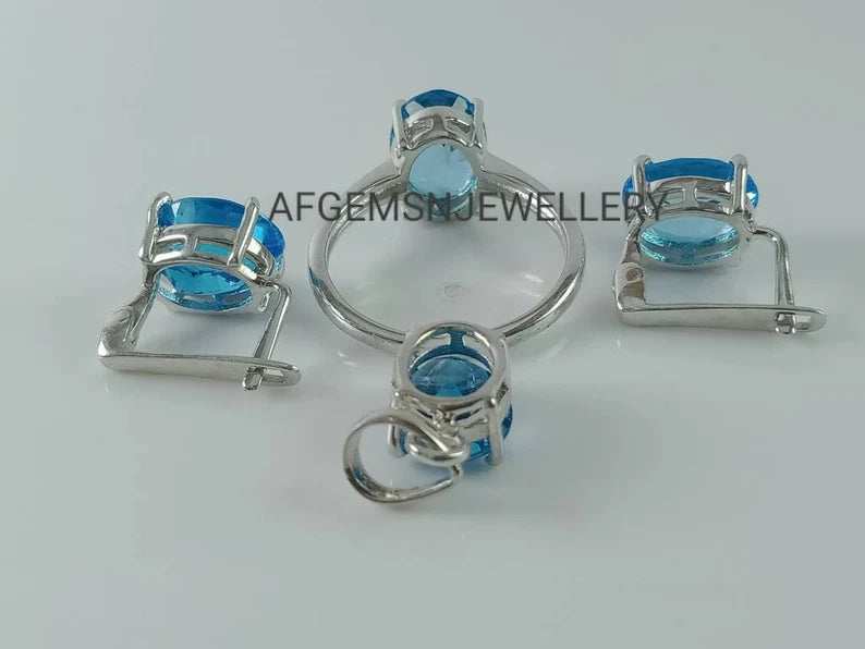 Swiss Blue Topaz Jewelry Set/Pendant /Earring And Ring Set/ 925 Sterling Silver Jewelry Set-Handmade Jewelry Set-Topaz Jewelry Set For Women