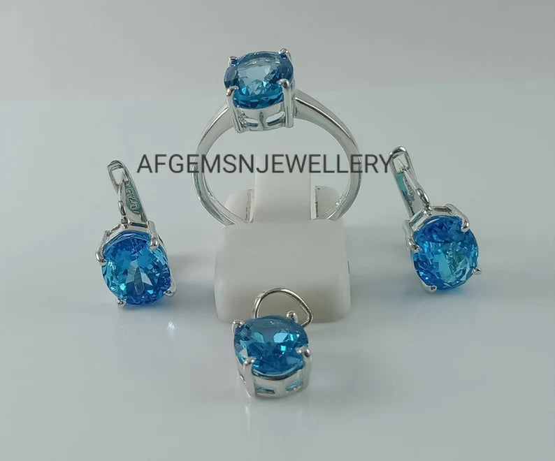 Swiss Blue Topaz Jewelry Set/Pendant /Earring And Ring Set/ 925 Sterling Silver Jewelry Set-Handmade Jewelry Set-Topaz Jewelry Set For Women