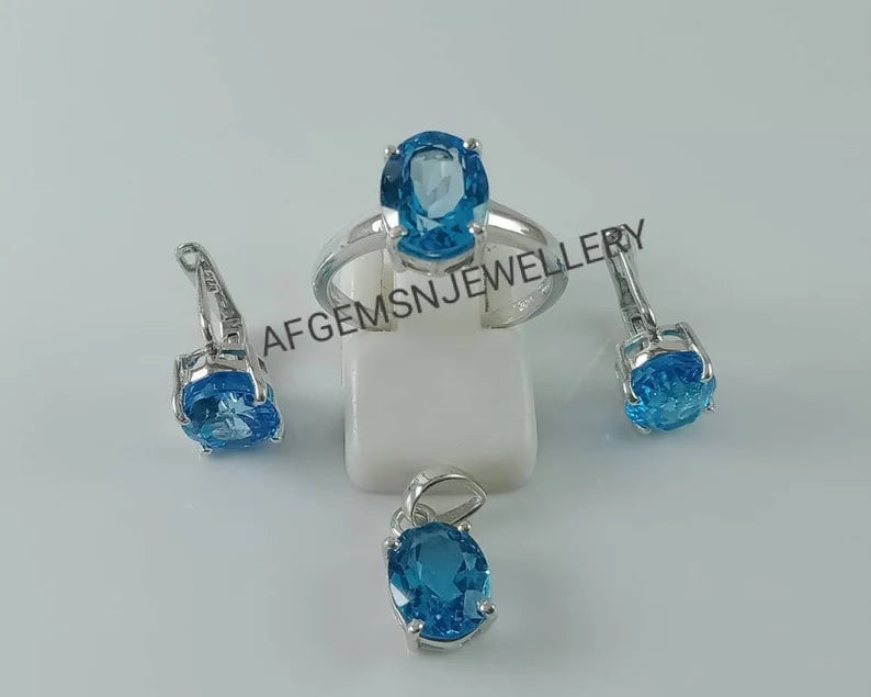 Swiss Blue Topaz Jewelry Set/Pendant /Earring And Ring Set/ 925 Sterling Silver Jewelry Set-Handmade Jewelry Set-Topaz Jewelry Set For Women