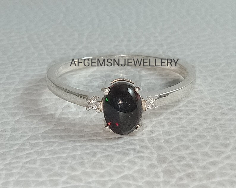 Opal Engagement Ring, Rare Black Opal Ring, Black Fire Opal Ring, Oval Opal Ring, Promise Ring, Opal Birthstone Ring