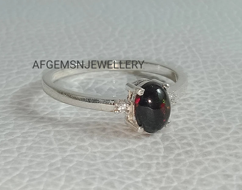 Opal Engagement Ring, Rare Black Opal Ring, Black Fire Opal Ring, Oval Opal Ring, Promise Ring, Opal Birthstone Ring