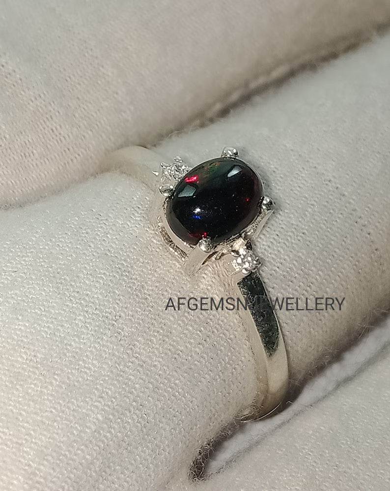 Opal Engagement Ring, Rare Black Opal Ring, Black Fire Opal Ring, Oval Opal Ring, Promise Ring, Opal Birthstone Ring