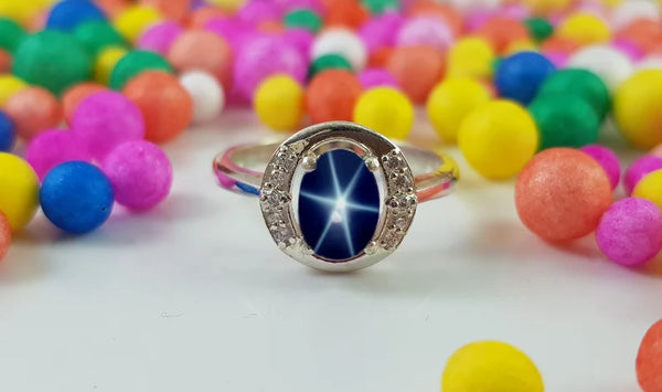 Wedding Sapphire Star Ring in Solid Sterling Silver Oval Lindy Blue Star Ring for Women's