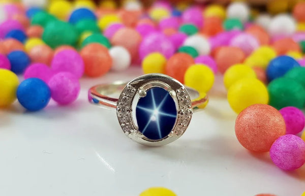 Wedding Sapphire Star Ring in Solid Sterling Silver Oval Lindy Blue Star Ring for Women's