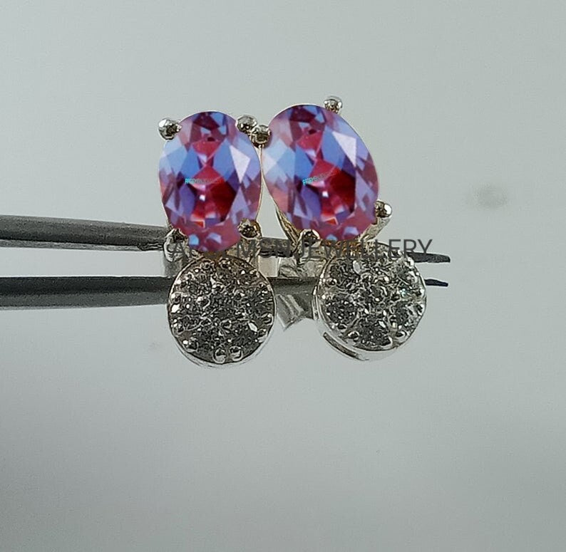 Beautiful Alexandrite D Colour Stone Stud Earrings, 925 Silver, Handmade, Elegant Design – Perfect Gift for Her