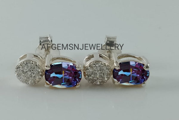 Beautiful Alexandrite D Colour Stone Stud Earrings, 925 Silver, Handmade, Elegant Design – Perfect Gift for Her