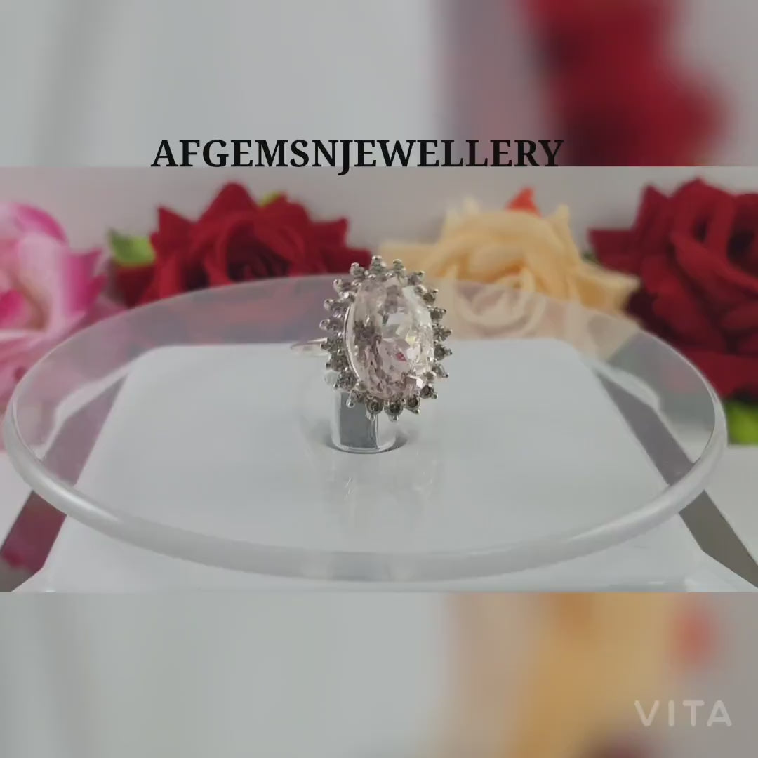 Natural Pink Morganite Ring Engagement Ring Oval Cut Pink Gemstone Ring Sterling Silver Ring